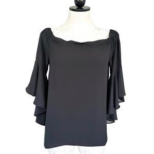 Lulu's Sheer Flutter Sleeve Blouse Drop Tail Lined Front Size Medium